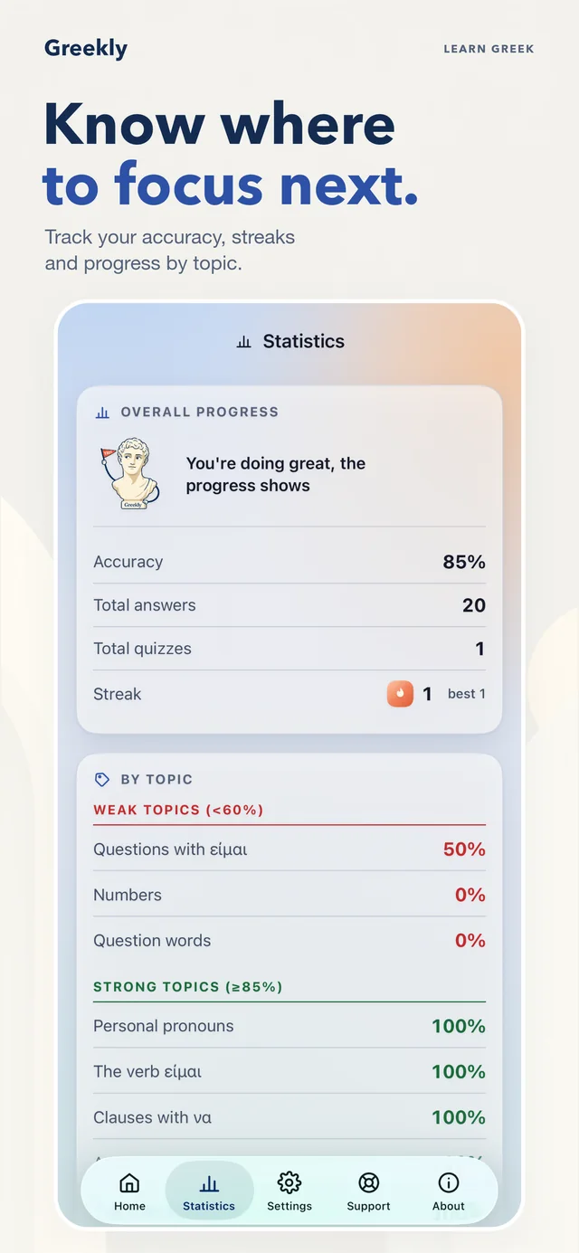 Statistics: know where to focus next, with accuracy, streaks and progress by topic.